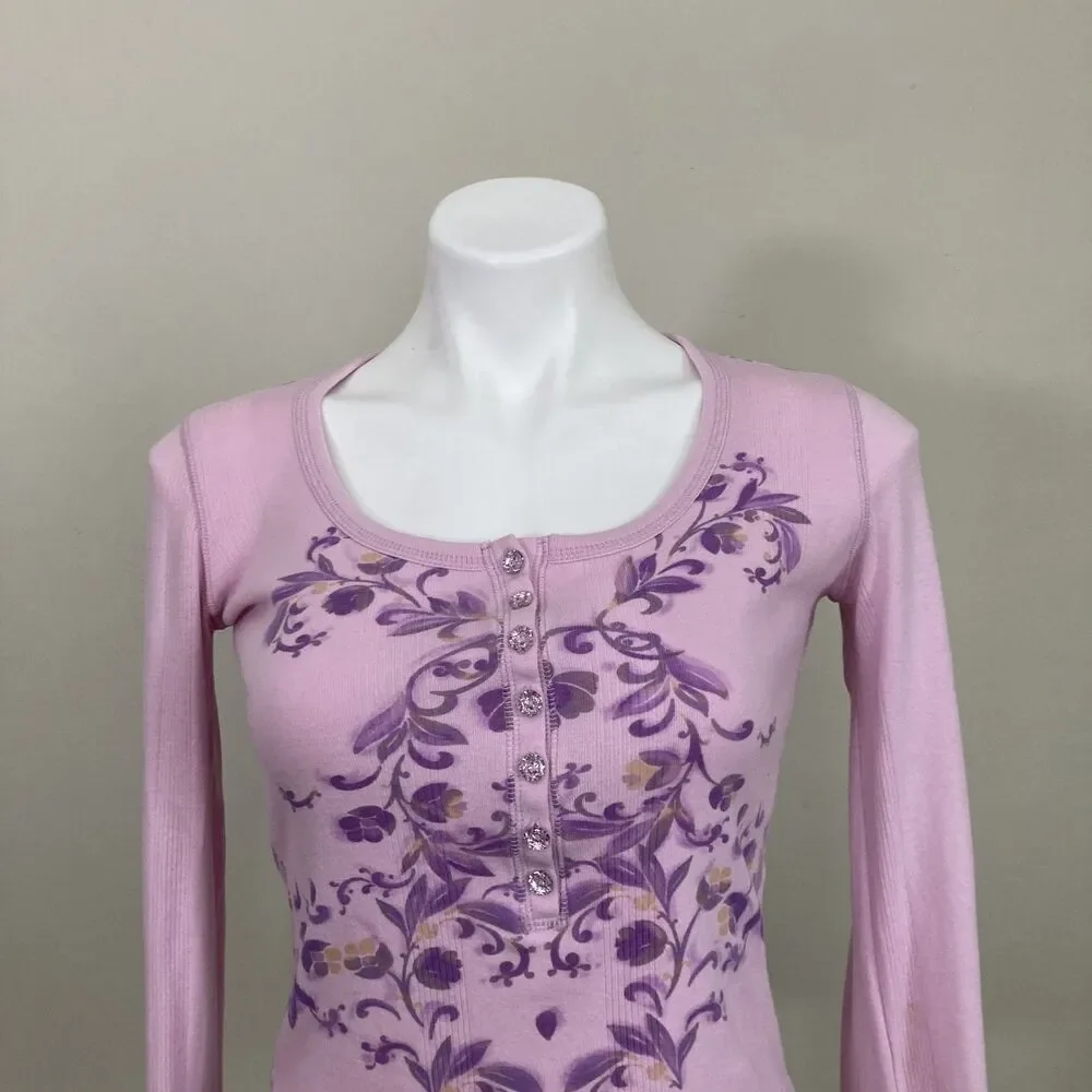 Vintage Fairy 2000s Y2K Henley DNKY Jeans Pink Floral Crystal Buttons Womens S/M - Picture 4 of 8